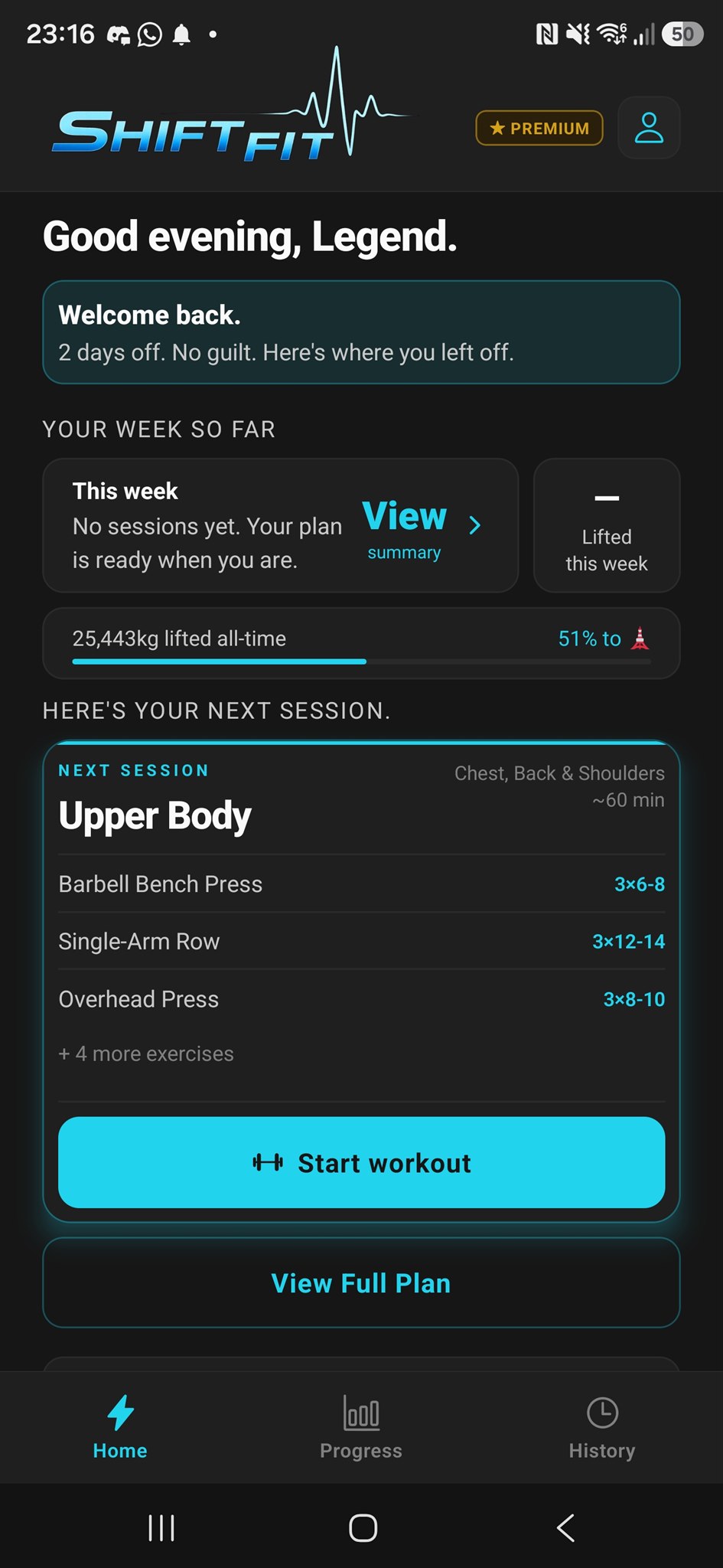ShiftFit home screen showing the next session ready to start